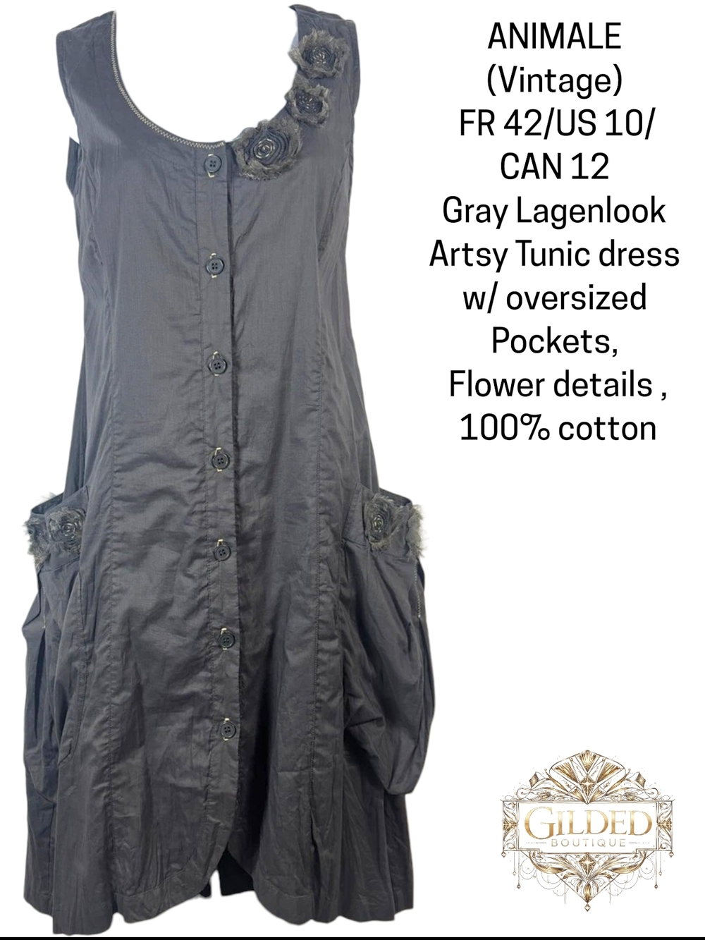Animale - Gray Lagenlook Tunic Dress with Floral Appliqués - Vintage Size 12